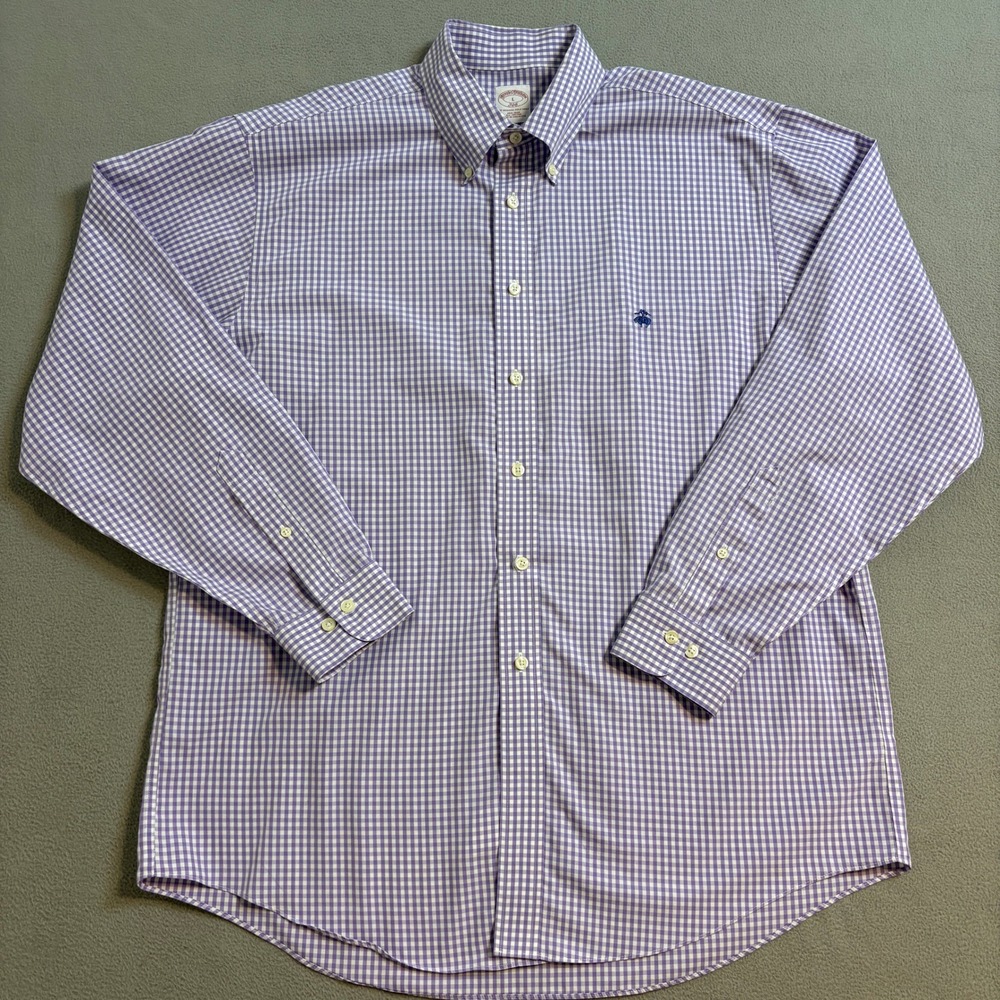 Brooks Brothers 346 Mens Large Purple Gingham Non-Iron Cotton Button Down Shirt - Picture 2 of 9